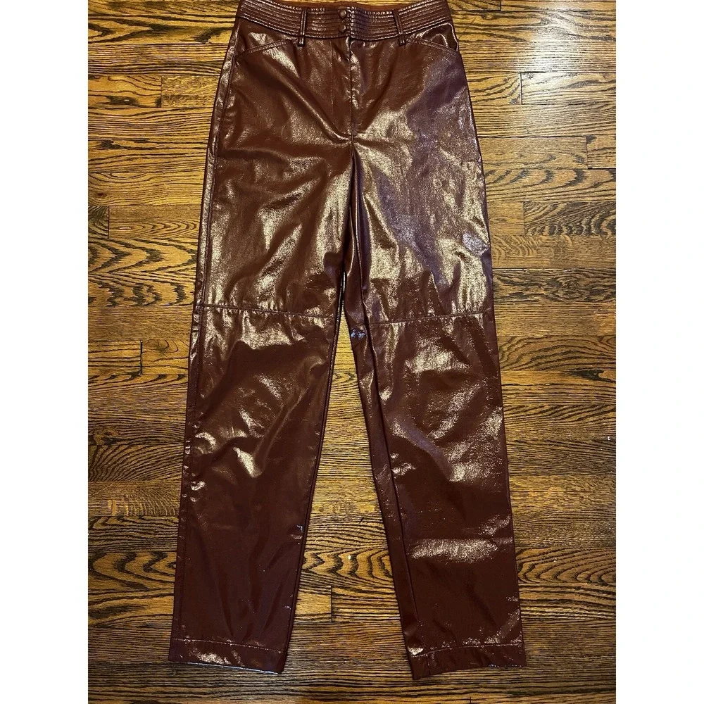 Wilfred Aritzia Pants Women's Glossy Faux Leather Brown Red High Rise Size 6‎